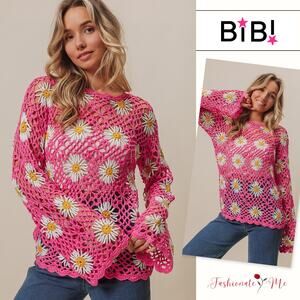 BiBi Floral Crochet Net Lace Round Neck Long Sleeves Cover Up Top | Fuchsia